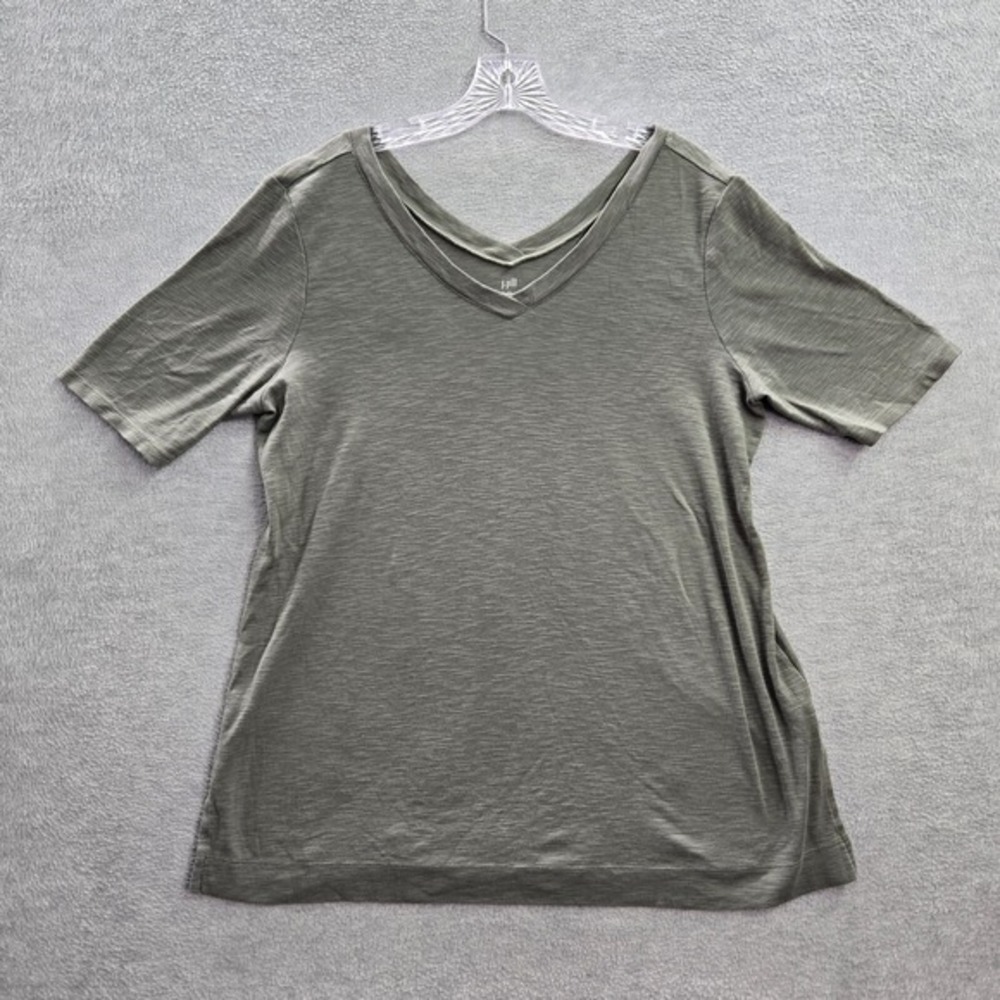 J Jill Women Top PL Green Tunic‎ Shirt Pima Cotton Double V Short Sleeve